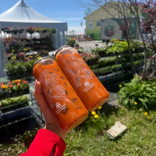 Two orange beverage cans held up by a hand in an outdoor garden setting with flowers, a white tent, and a blue sky in the background.